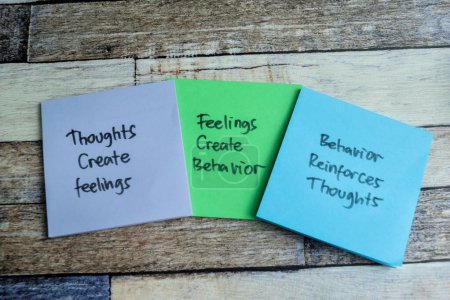Konzept der Gedanken erzeugen Gefühle - Gefühle erzeugen Verhalten - Verhalten verstärkt Gedanken schreiben auf klebrige Zettel isoliert auf Holztisch.