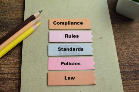 Photo for Concept of Compliance write on sticky notes with keywords isolated on Wooden Table. - Royalty Free Image