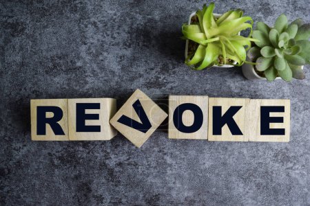 Concept of The wooden Cubes with the word Revoke on wooden background.