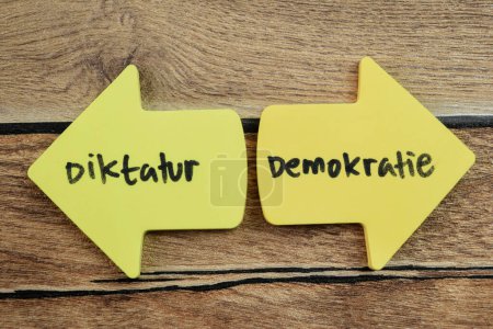 Concept of Diktatur or Demokratie in Language Germany write on sticky notes isolated on Wooden Table.