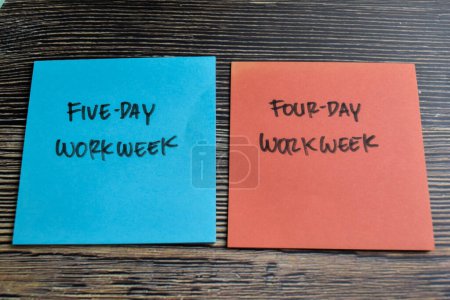 Concept of Five-day Workweek or Four-day Workweek write on sticky notes isolated on Wooden Table.