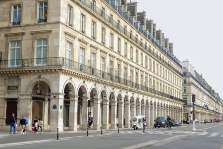Photo for Paris, France. October 30. 2022. Haussmann style buildings perspective view in famous street Rue de Rivoli. - Royalty Free Image