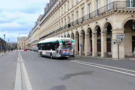 Photo for Paris, France. February 19. 2023. Public transport bus. View of a RATP bus, which runs in the rue de Rivoli. - Royalty Free Image