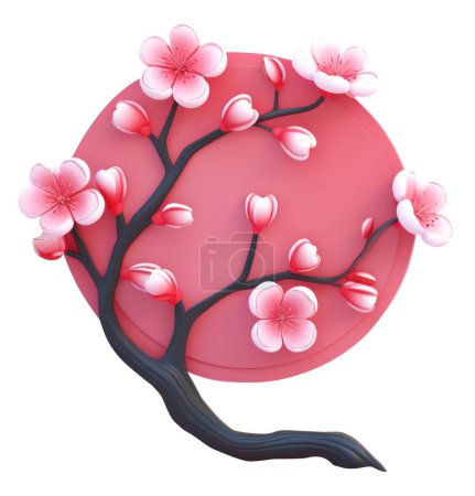 Téléchargez les photos : Illustration 3D fleur de cerisier. Branche Sakura avec des fleurs. Art décoratif 3D. - en image libre de droit