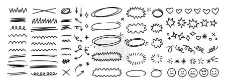 Scribble doodle formes de ligne ensemble. Collection d'éléments de design dessinés à la main. Coups de pinceau noir paquet.