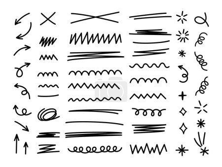 Scribble doodle line shapes set. Colección de elementos de diseño dibujado a mano. Paquete de pinceladas negras.