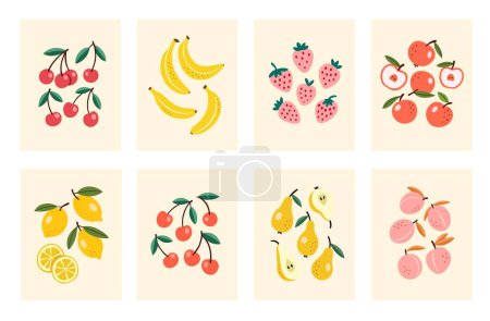 Téléchargez les photos : Fruits and berries hand drawn cards. Flat illustrations with fruits. Minimalistic posters collection. - en image libre de droit