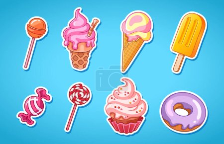 Ilustración de Pegatinas dulces. Dulces, pasteles e ilustraciones de helados. Colección de pegatinas vectoriales - Imagen libre de derechos