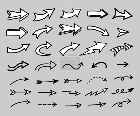 Ilustración de Doodle flechas iconos. Conjunto de vectores. Ilustraciones de flechas dibujadas a mano sobre fondo gris - Imagen libre de derechos