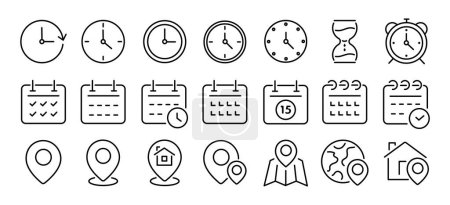 Illustration for Time and date line icons set. Address line icons and navigation outline icons set. Vector collection isolated on white background. - Royalty Free Image