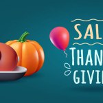 Thanksgiving sale banner with 3d roast turkey, pumpkin and air balloons. 3d stylized vector illustration for sale event