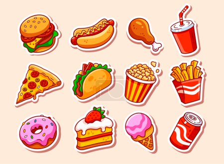 Set de etiquetas de ilustraciones de comida rápida. Colección vectorial. Iconos de dibujos animados de comida rápida. Hamburguesa, hot dog, pizza, taco, palomitas de maíz y otros deliciosos alimentos aislados sobre fondo beige.