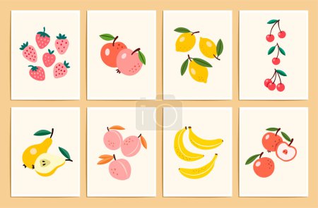 Fruits and berries hand drawn cards. Vector flat illustrations with fruits. Minimalistic vector posters collection.