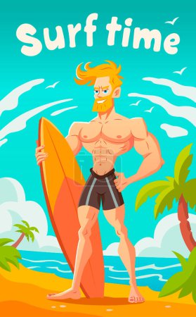 Surfer am Strand. Zeichentrickvektorillustration. Sommerposter zur Surfzeit. Cooler bärtiger Typ in Badehose hält ein Surfbrett vor dem Hintergrund eines tropischen Strandes.