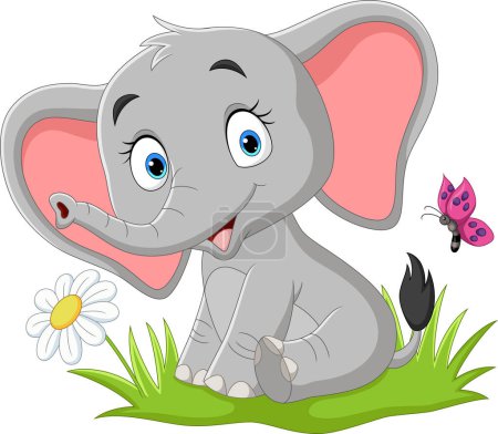 Vector illustration of Cartoon baby elephant with butterfly in the grass