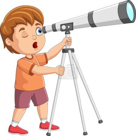 Ilustración vectorial del niño de dibujos animados mirando a través de un telescopio