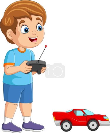 Vektor-Illustration von Cartoon kleiner Junge, der mit einem ferngesteuerten Auto spielt