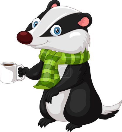 Illustration for Cartoon badger wearing scarf holding hot coffee - Royalty Free Image