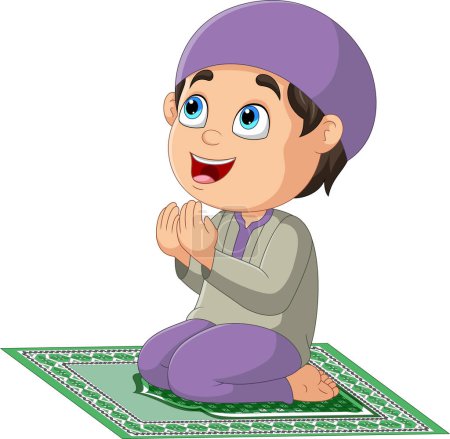 Illustration for Vector illustration of Cartoon Muslim boy praying on the prayer rug - Royalty Free Image