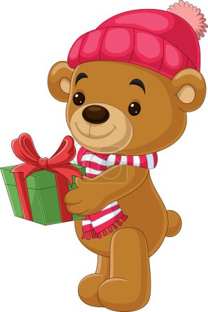 Photo for Vector illustration of Cartoon teddy bear wearing scarf and hat holding gifts - Royalty Free Image