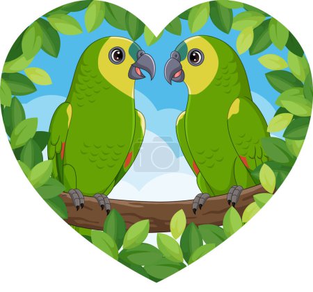 Téléchargez les illustrations : Illustration vectorielle de Cartoon Green Perroquets beau couple - en licence libre de droit