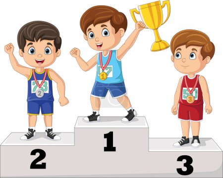 Photo for Vector illustration of Children with medals standing on podium and holding a trophy - Royalty Free Image
