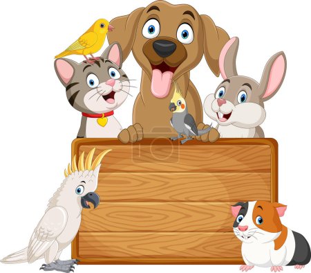 Illustration for Vector illustration of Cute cartoon pets collection with blank board sign - Royalty Free Image