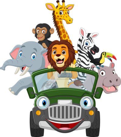 Vektor für Vektor-Illustration von Cartoon wilden Tieren auf einem grünen Auto - Lizenzfreies Bild