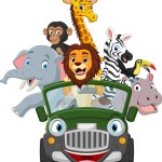 Vector illustration of Cartoon wild animals riding a green car