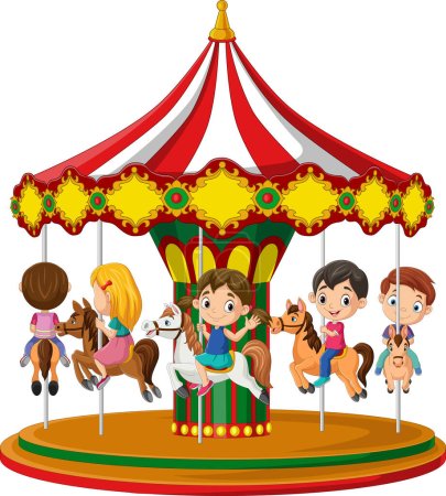 Téléchargez les illustrations : Caricature petits enfants sur le carrousel avec des chevaux - en licence libre de droit