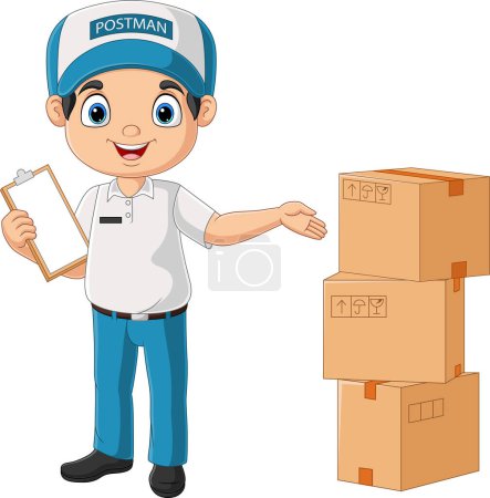 Photo for Illustration of Cartoon postman with cardboard boxes and clipboard - Royalty Free Image