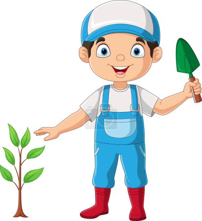 Illustration de mignon petit garçon jardinier avec des plantes et une pelle