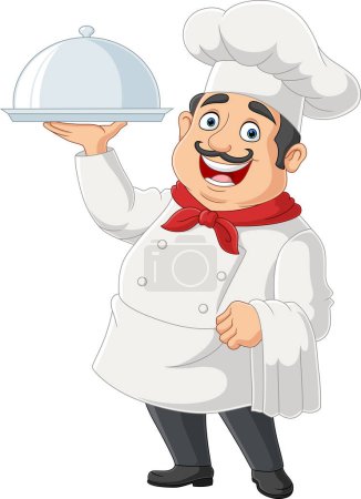 Photo for Illustration of cartoon chef holding a silver platter - Royalty Free Image