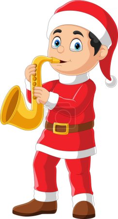 Photo for Vector illustration of Cartoon little boy in red santa clothes playing golden trumpet - Royalty Free Image