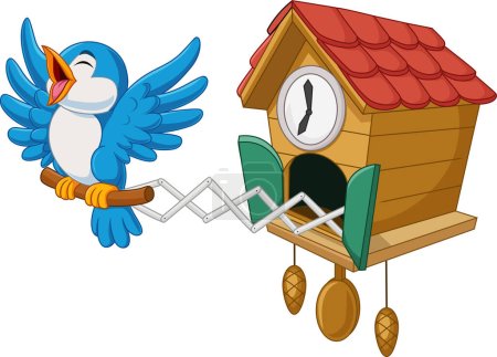 Vector illustration of Cuckoo clock with blue bird chirping