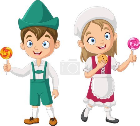 Illustration for Illustration of Cartoon happy hansel and gretel holding lollipops - Royalty Free Image