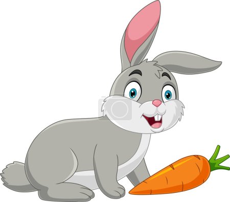 Téléchargez les illustrations : Illustration vectorielle du lapin heureux Cartoon avec une carotte - en licence libre de droit