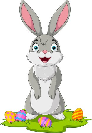 Téléchargez les illustrations : Illustration vectorielle de Mignon petit lapin avec oeuf de Pâques dans l'herbe - en licence libre de droit