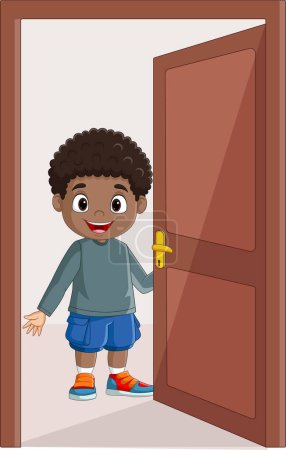 Téléchargez les illustrations : Illustration vectorielle de la porte d'ouverture du petit garçon dessin animé - en licence libre de droit