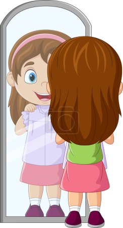 Foto de Ilustración vectorial de la niña de dibujos animados mirando al espejo con su atuendo - Imagen libre de derechos