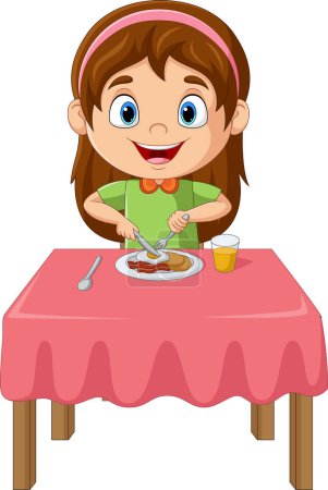 Foto de Ilustración vectorial de la niña de dibujos animados desayunando - Imagen libre de derechos