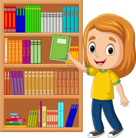 Foto de Ilustración vectorial de la niña de dibujos animados poniendo libros de nuevo en los estantes - Imagen libre de derechos