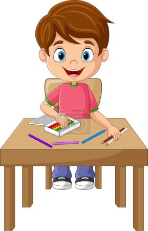 Foto de Ilustración vectorial del niño de dibujos animados con lápices en el escritorio - Imagen libre de derechos