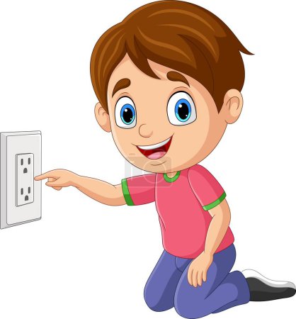 Foto de Ilustración vectorial del niño de dibujos animados tocando un enchufe eléctrico - Imagen libre de derechos