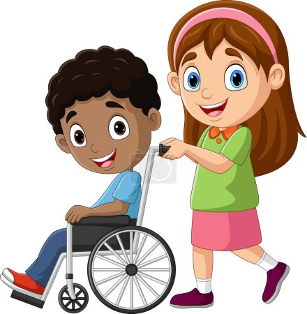Foto de Ilustración vectorial de la niña de dibujos animados ayudando a un niño en silla de ruedas - Imagen libre de derechos