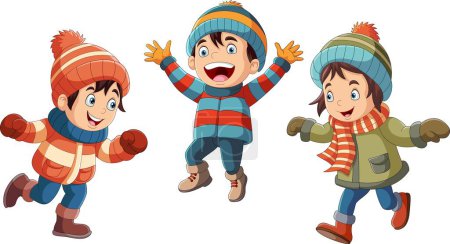 Foto de Ilustración vectorial de dibujos animados para niños felices con ropa de invierno - Imagen libre de derechos