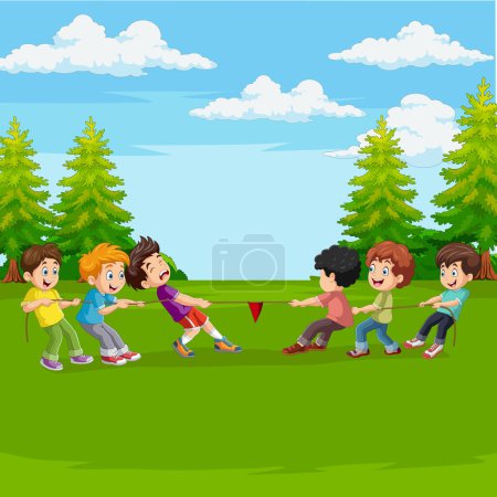 Foto de Ilustración vectorial del grupo de dibujos animados de niños jugando tira y afloja en el parque - Imagen libre de derechos