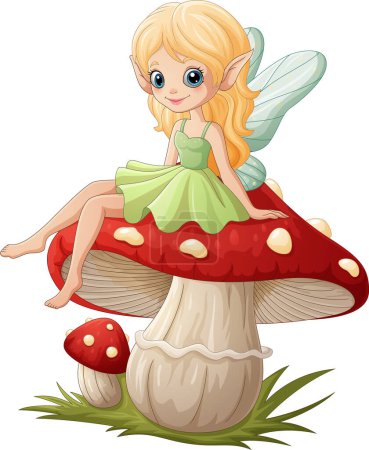 Vector illustration of Cartoon fairy sitting on a mushroom 