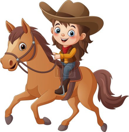 Foto de Ilustración vectorial de la joven vaquera de dibujos animados montada en un caballo - Imagen libre de derechos
