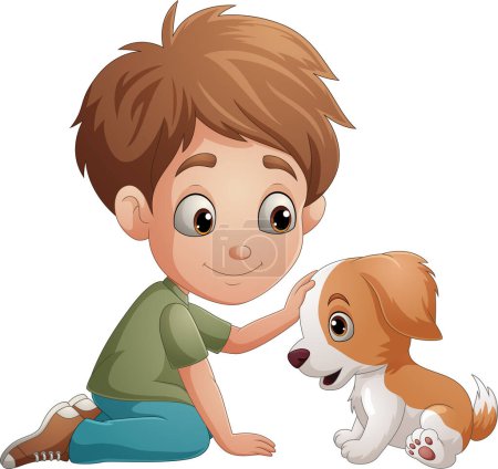 Foto de Ilustración vectorial de niños de dibujos animados acarician a un cachorro - Imagen libre de derechos